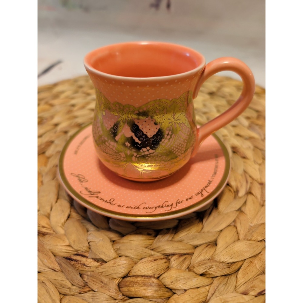 DAYSPRING CARDS TRADITIONAL CUP & SAUCER PEACH PINK GOLD LACE DESIGN 1 TIMOTHY
